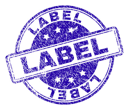 LABEL stamp seal imprint with distress effect. Designed with rounded rectangles and circles. Blue vector rubber print of LABEL with corroded texture.のイラスト素材