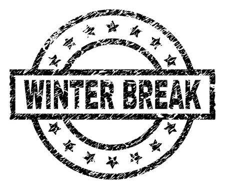 WINTER BREAK stamp seal watermark with distress style. Designed with rectangle, circles and stars. Black vector rubber print of WINTER BREAK caption with corroded texture.のイラスト素材