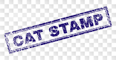 CAT STAMP seal print with rubber print style and double framed rectangle shape. Stamp is placed on a transparent background. Blue vector rubber print of CAT STAMP caption with scratched texture.のイラスト素材