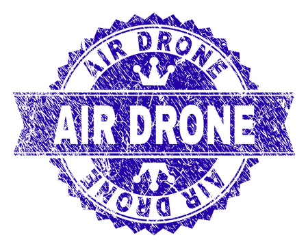 AIR DRONE rosette seal watermark with grunge style. Designed with round rosette, ribbon and small crowns. Blue vector rubber watermark of AIR DRONE text with unclean style.のイラスト素材