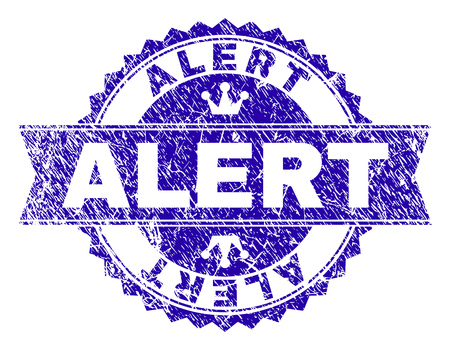 ALERT rosette stamp imitation with grunge texture. Designed with round rosette, ribbon and small crowns. Blue vector rubber watermark of ALERT tag with grunge texture.のイラスト素材