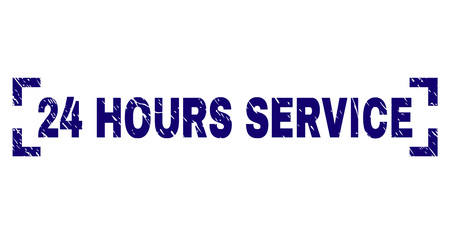 24 HOURS SERVICE text seal stamp with corroded texture. Text label is placed between corners. Blue vector rubber print of 24 HOURS SERVICE with corroded texture.のイラスト素材