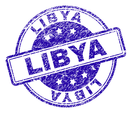 LIBYA stamp seal imprint with grunge texture. Designed with rounded rectangles and circles. Blue vector rubber print of LIBYA label with retro texture.のイラスト素材