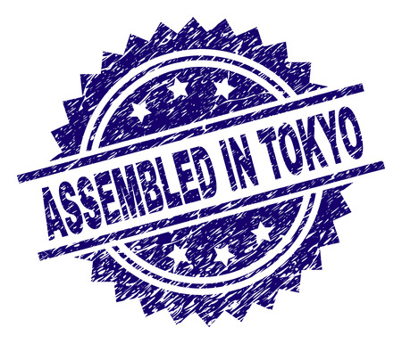 ASSEMBLED IN TOKYO stamp seal watermark with distress style. Blue vector rubber print of ASSEMBLED IN TOKYO text with scratched texture.のイラスト素材