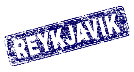 REYKJAVIK stamp seal imprint with grunge style. Seal shape is a rounded rectangle with frame. Blue vector rubber print of REYKJAVIK caption with grunge style.のイラスト素材