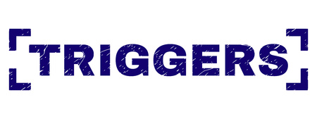 TRIGGERS text seal print with corroded style. Text tag is placed inside corners. Blue vector rubber print of TRIGGERS with unclean texture.のイラスト素材