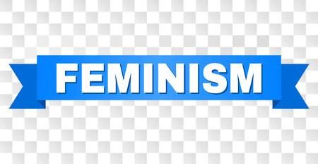 FEMINISM text on a ribbon. Designed with white title and blue tape. Vector banner with FEMINISM tag on a transparent background.のイラスト素材