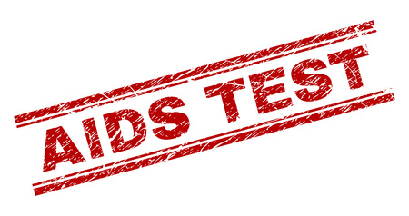 AIDS TEST seal print with grunge effect. Red vector rubber print of AIDS TEST label with corroded texture. Text label is placed between double parallel lines.のイラスト素材