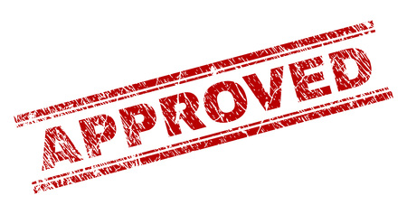 APPROVED seal watermark with corroded texture. Red vector rubber print of APPROVED title with dust texture. Text title is placed between double parallel lines.のイラスト素材