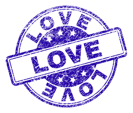 LOVE stamp seal watermark with grunge texture. Designed with rounded rectangles and circles. Blue vector rubber print of LOVE text with grunge texture.のイラスト素材
