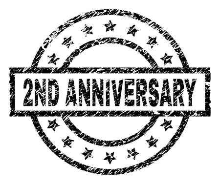 2ND ANNIVERSARY stamp seal watermark with distress style. Designed with rectangle, circles and stars. Black vector rubber print of 2ND ANNIVERSARY text with scratched texture.のイラスト素材