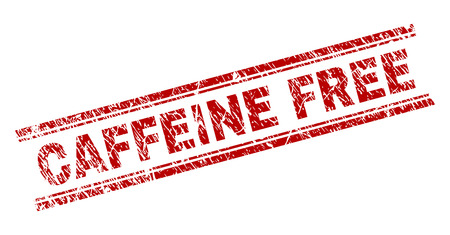CAFFEINE FREE seal stamp with grunge texture. Red vector rubber print of CAFFEINE FREE tag with corroded texture. Text tag is placed between double parallel lines.のイラスト素材