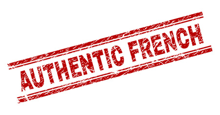 AUTHENTIC FRENCH seal print with corroded texture. Red vector rubber print of AUTHENTIC FRENCH title with corroded texture. Text label is placed between double parallel lines.のイラスト素材