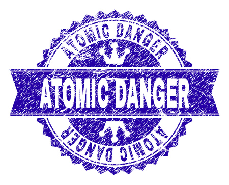 ATOMIC DANGER rosette stamp watermark with distress texture. Designed with round rosette, ribbon and small crowns. Blue vector rubber print of ATOMIC DANGER tag with scratched texture.のイラスト素材