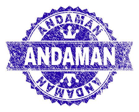 ANDAMAN rosette stamp seal imprint with distress texture. Designed with round rosette, ribbon and small crowns. Blue vector rubber print of ANDAMAN title with retro texture.のイラスト素材