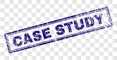 CASE STUDY stamp seal print with rubber print style and double framed rectangle shape. Stamp is placed on a transparent background. Blue vector rubber print of CASE STUDY title with dust texture.のイラスト素材