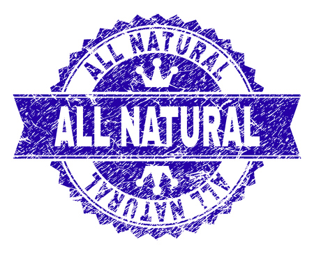 ALL NATURAL rosette seal watermark with grunge effect. Designed with round rosette, ribbon and small crowns. Blue vector rubber watermark of ALL NATURAL text with grunge texture.のイラスト素材