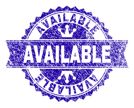 AVAILABLE rosette stamp seal imitation with distress style. Designed with round rosette, ribbon and small crowns. Blue vector rubber print of AVAILABLE title with corroded style.のイラスト素材