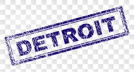 DETROIT stamp seal print with rubber print style and double framed rectangle shape. Stamp is placed on a transparent background. Blue vector rubber print of DETROIT tag with dirty texture.のイラスト素材