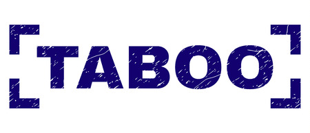 TABOO text seal print with grunge texture. Text title is placed between corners. Blue vector rubber print of TABOO with corroded texture.のイラスト素材