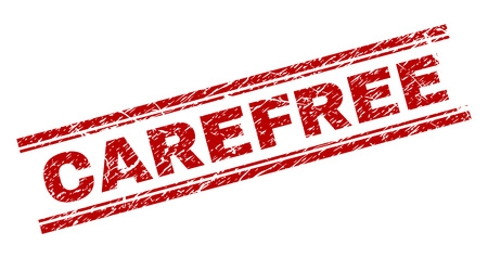 CAREFREE seal imprint with corroded texture. Red vector rubber print of CAREFREE caption with unclean texture. Text caption is placed between double parallel lines.のイラスト素材
