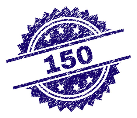 150 stamp seal watermark with distress style. Blue vector rubber print of 150 caption with dust texture.のイラスト素材