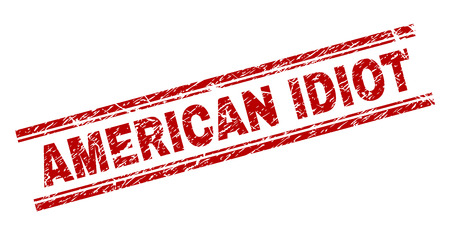 AMERICAN IDIOT seal print with grunge texture. Red vector rubber print of AMERICAN IDIOT label with corroded texture. Text caption is placed between double parallel lines.のイラスト素材