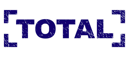 TOTAL text seal print with corroded texture. Text tag is placed inside corners. Blue vector rubber print of TOTAL with unclean texture.のイラスト素材