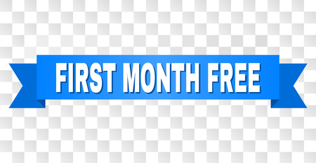 FIRST MONTH FREE text on a ribbon. Designed with white title and blue stripe. Vector banner with FIRST MONTH FREE tag on a transparent background.のイラスト素材