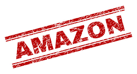 AMAZON seal stamp with corroded texture. Red vector rubber print of AMAZON text with corroded texture. Text tag is placed between double parallel lines.のイラスト素材
