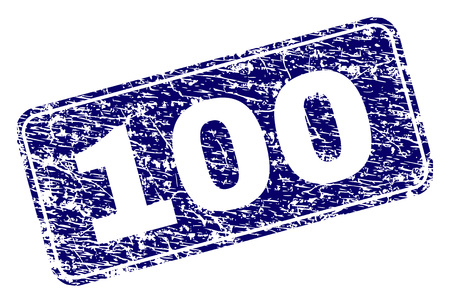100 stamp seal print with distress texture. Seal shape is a rounded rectangle with frame. Blue vector rubber print of 100 caption with dirty style.のイラスト素材