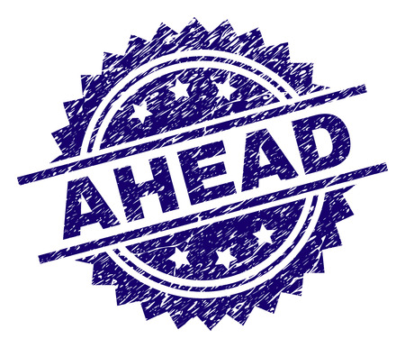 AHEAD stamp seal watermark with distress style. Blue vector rubber print of AHEAD tag with scratched texture.のイラスト素材