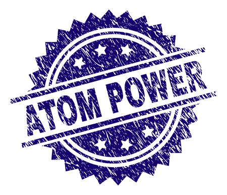 ATOM POWER stamp seal watermark with distress style. Blue vector rubber print of ATOM POWER title with grunge texture.のイラスト素材