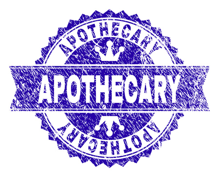APOTHECARY rosette stamp seal watermark with distress style. Designed with round rosette, ribbon and small crowns. Blue vector rubber watermark of APOTHECARY caption with grunge style.のイラスト素材