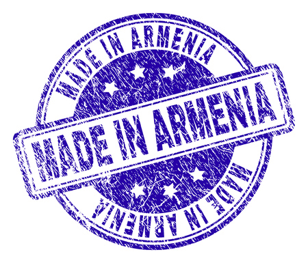 MADE IN ARMENIA stamp seal imprint with grunge texture. Designed with rounded rectangles and circles. Blue vector rubber print of MADE IN ARMENIA label with grunge texture.のイラスト素材
