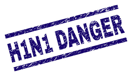 H1N1 DANGER seal print with distress style. Blue vector rubber print of H1N1 DANGER title with unclean texture. Text title is placed between parallel lines.のイラスト素材