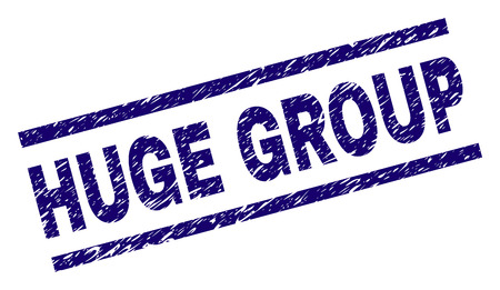 HUGE GROUP seal print with distress style. Blue vector rubber print of HUGE GROUP text with dust texture. Text label is placed between parallel lines.のイラスト素材