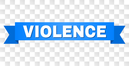 VIOLENCE text on a ribbon. Designed with white title and blue stripe. Vector banner with VIOLENCE tag on a transparent background.のイラスト素材