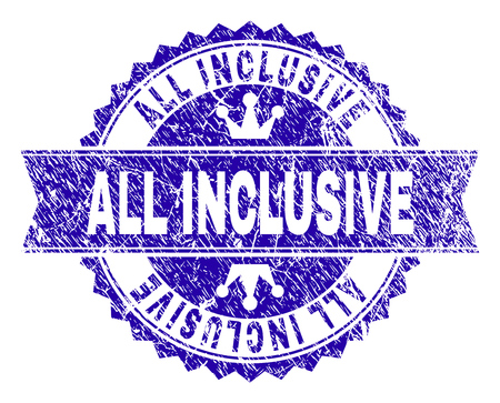 ALL INCLUSIVE rosette stamp seal watermark with distress style. Designed with round rosette, ribbon and small crowns. Blue vector rubber watermark of ALL INCLUSIVE tag with scratched texture.のイラスト素材