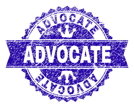ADVOCATE rosette seal watermark with distress effect. Designed with round rosette, ribbon and small crowns. Blue vector rubber watermark of ADVOCATE title with dirty texture.のイラスト素材