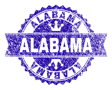 ALABAMA rosette stamp imprint with grunge style. Designed with round rosette, ribbon and small crowns. Blue vector rubber print of ALABAMA text with unclean style.のイラスト素材