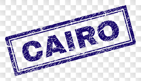 CAIRO stamp seal watermark with rubber print style and double framed rectangle shape. Stamp is placed on a transparent background. Blue vector rubber print of CAIRO tag with unclean texture.のイラスト素材