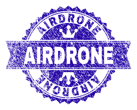 AIRDRONE rosette seal overlay with distress texture. Designed with round rosette, ribbon and small crowns. Blue vector rubber watermark of AIRDRONE tag with grunge texture.のイラスト素材