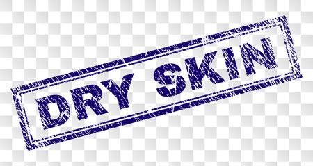 DRY SKIN stamp seal imprint with rubber print style and double framed rectangle shape. Stamp is placed on a transparent background. Blue vector rubber print of DRY SKIN caption with unclean texture.のイラスト素材