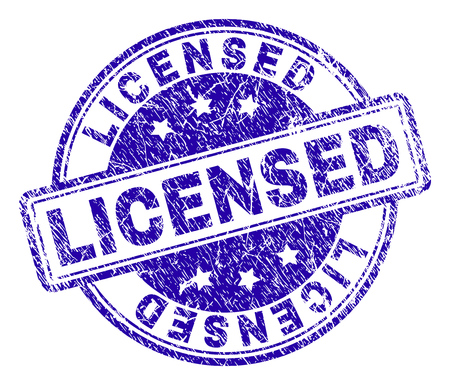 LICENSED stamp seal imprint with grunge texture. Designed with rounded rectangles and circles. Blue vector rubber print of LICENSED label with scratched texture.のイラスト素材
