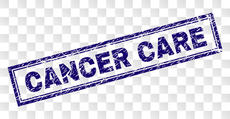 CANCER CARE stamp seal print with rubber print style and double framed rectangle shape. Stamp is placed on a transparent background. Blue vector rubber print of CANCER CARE label with grunge texture.のイラスト素材
