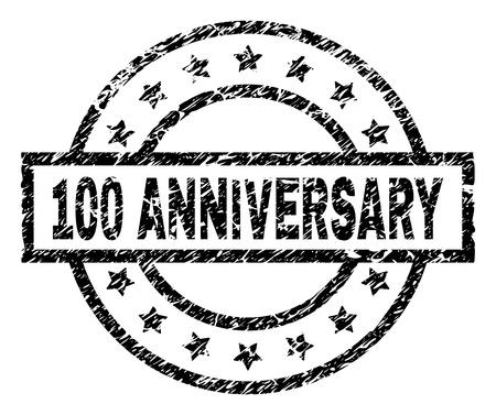 100 ANNIVERSARY stamp seal watermark with distress style. Designed with rectangle, circles and stars. Black vector rubber print of 100 ANNIVERSARY caption with unclean texture.のイラスト素材