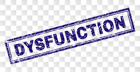 DYSFUNCTION stamp seal print with rubber print style and double framed rectangle shape. Stamp is placed on a transparent background. Blue vector rubber print of DYSFUNCTION tag with dirty texture.のイラスト素材