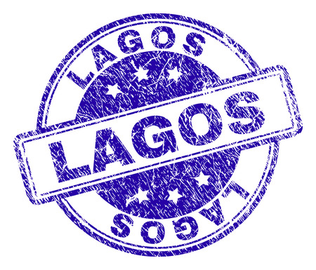 LAGOS stamp seal imprint with grunge texture. Designed with rounded rectangles and circles. Blue vector rubber print of LAGOS tag with grunge texture.のイラスト素材