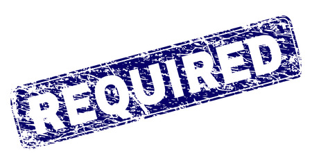REQUIRED stamp seal imprint with grunge texture. Seal shape is a rounded rectangle with frame. Blue vector rubber print of REQUIRED text with grunge texture.のイラスト素材